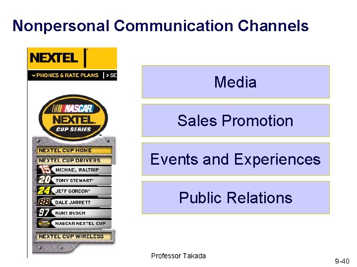 Nonpersonal Communication Channels Media Sales Promotion Events and Experiences Public Relations Professor Takada ９