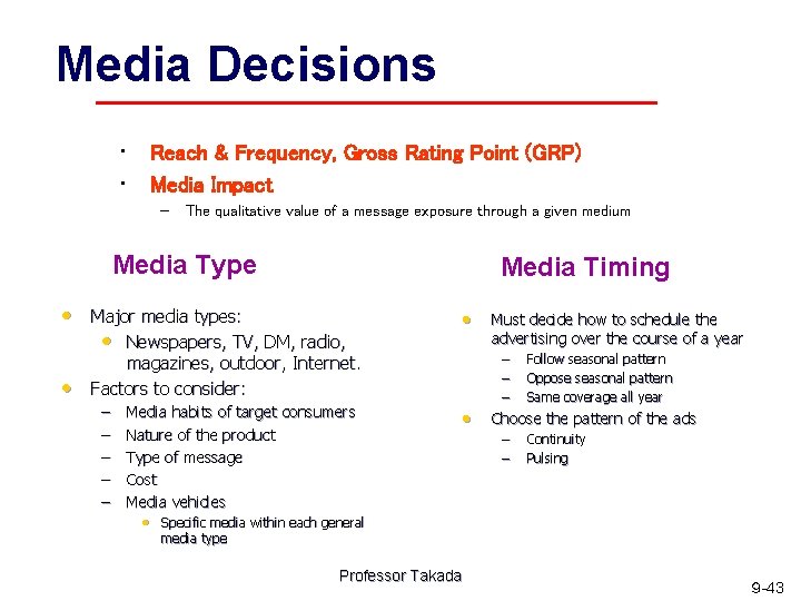 Media Decisions • Reach & Frequency, Gross Rating Point (GRP) • Media Impact –