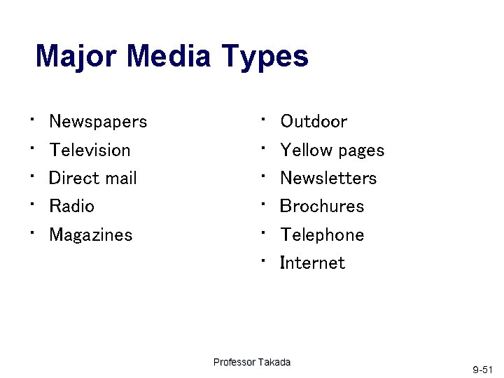 Major Media Types • • • Newspapers Television Direct mail Radio Magazines • •