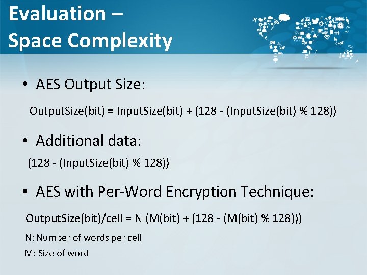 Evaluation – Space Complexity • AES Output Size: Output. Size(bit) = Input. Size(bit) +