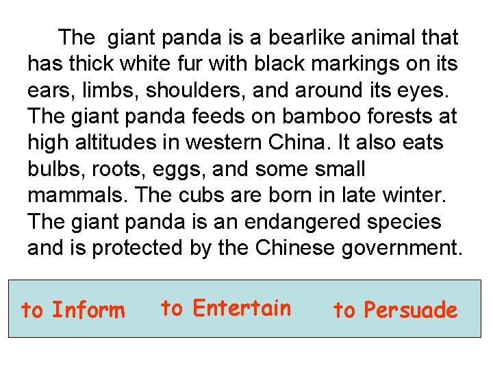 The giant panda is a bearlike animal that has thick white fur with black