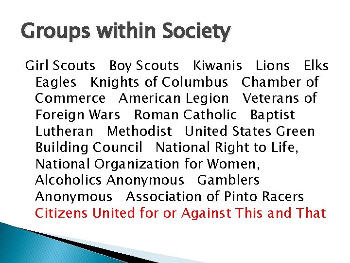 Groups within Society Girl Scouts Boy Scouts Kiwanis Lions Elks Eagles Knights of Columbus