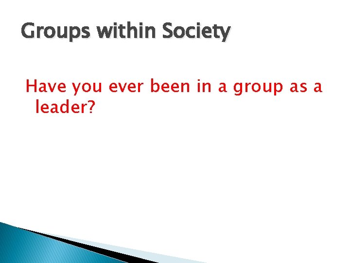 Groups within Society Have you ever been in a group as a leader? 