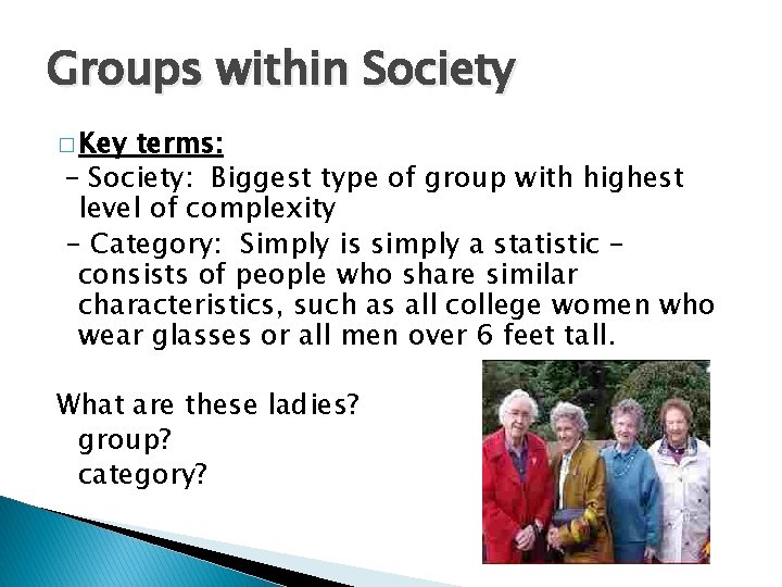 Groups within Society � Key terms: – Society: Biggest type of group with highest