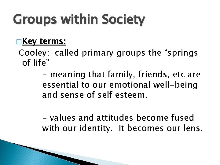 Groups within Society � Key terms: Cooley: called primary groups the “springs of life”