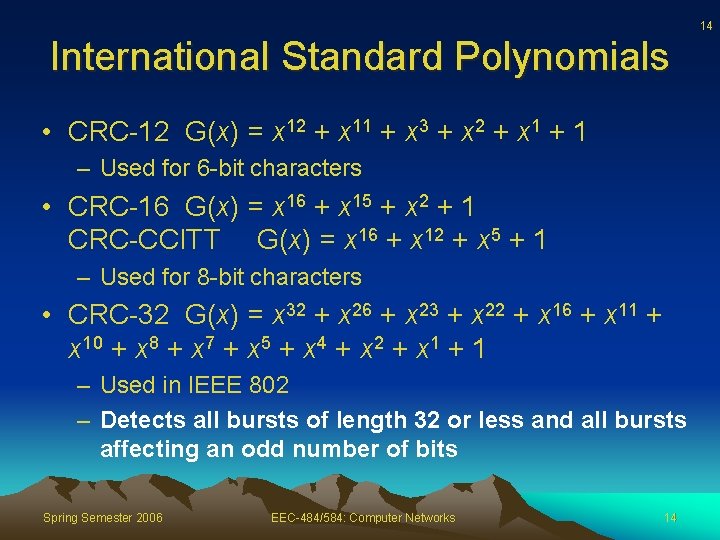14 International Standard Polynomials • CRC-12 G(x) = x 12 + x 11 +
