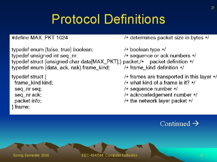 21 Protocol Definitions Continued Spring Semester 2006 EEC-484/584: Computer Networks 21 