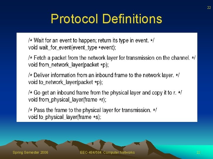 22 Protocol Definitions Spring Semester 2006 EEC-484/584: Computer Networks 22 