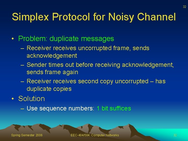 32 Simplex Protocol for Noisy Channel • Problem: duplicate messages – Receiver receives uncorrupted