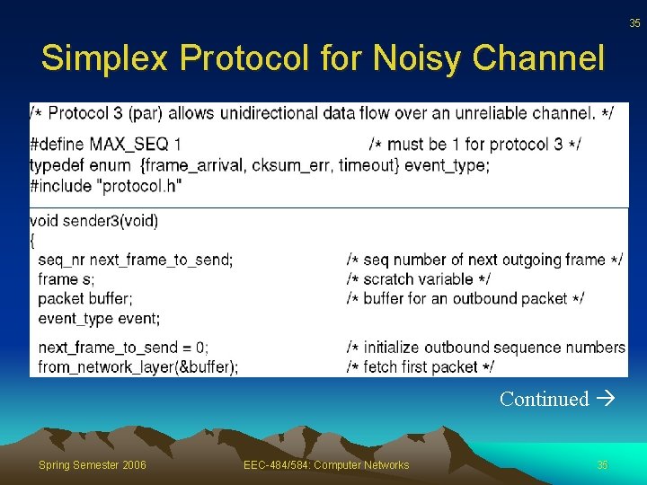 35 Simplex Protocol for Noisy Channel Continued Spring Semester 2006 EEC-484/584: Computer Networks 35