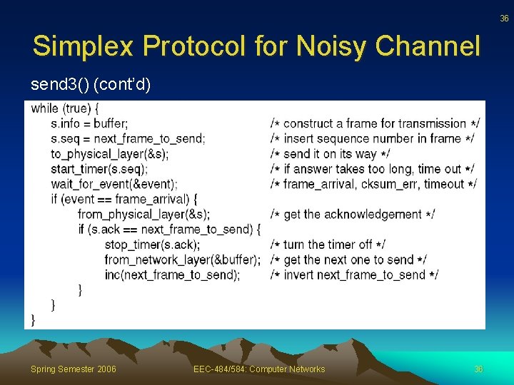 36 Simplex Protocol for Noisy Channel send 3() (cont’d) Spring Semester 2006 EEC-484/584: Computer