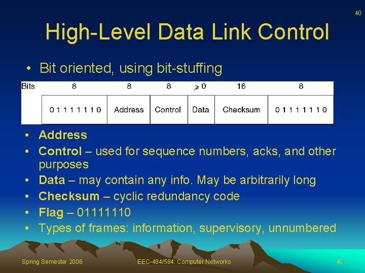 40 High-Level Data Link Control • Bit oriented, using bit-stuffing • Address • Control