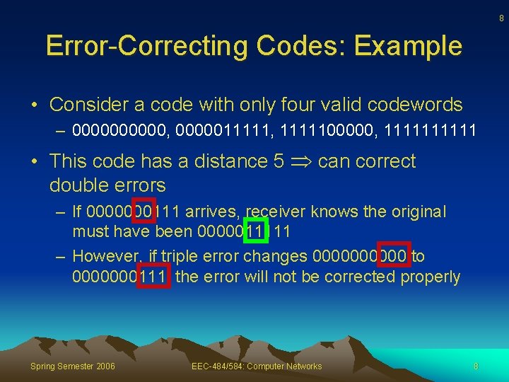 8 Error-Correcting Codes: Example • Consider a code with only four valid codewords –