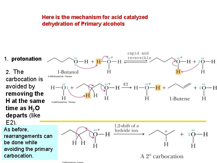 Here is the mechanism for acid catalyzed dehydration of Primary alcohols 1. protonation 2.