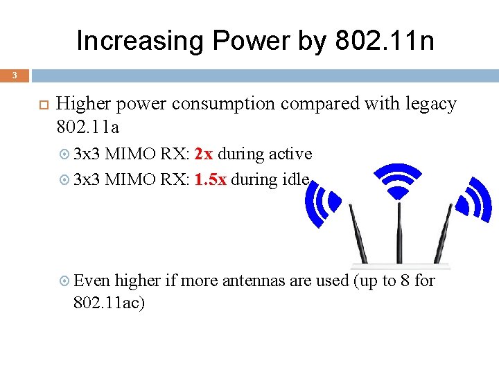 Increasing Power by 802. 11 n 3 Higher power consumption compared with legacy 802.