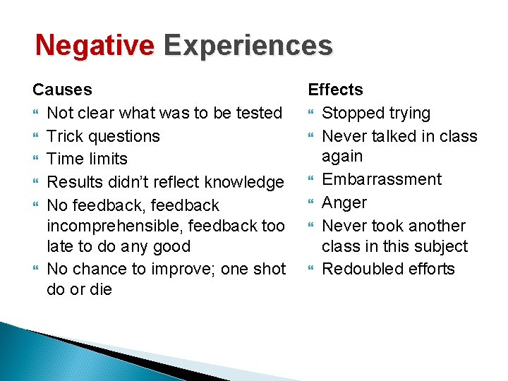Negative Experiences Causes Not clear what was to be tested Trick questions Time limits Negative Experiences Causes Not clear what was to be tested Trick questions Time limits