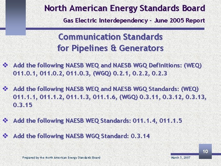 North American Energy Standards Board Gas Electric Interdependency – June 2005 Report Communication Standards