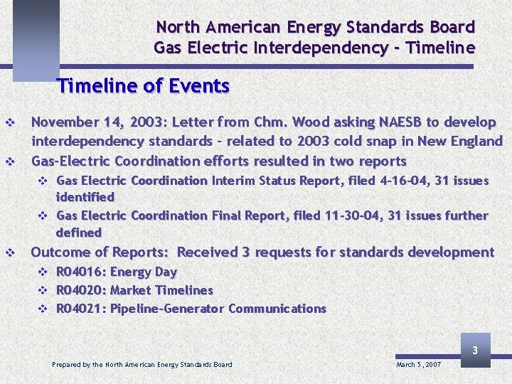 North American Energy Standards Board Gas Electric Interdependency - Timeline of Events v v