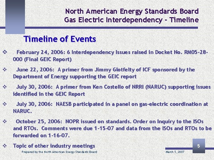 North American Energy Standards Board Gas Electric Interdependency - Timeline of Events v February
