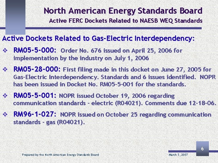 North American Energy Standards Board Active FERC Dockets Related to NAESB WEQ Standards Active