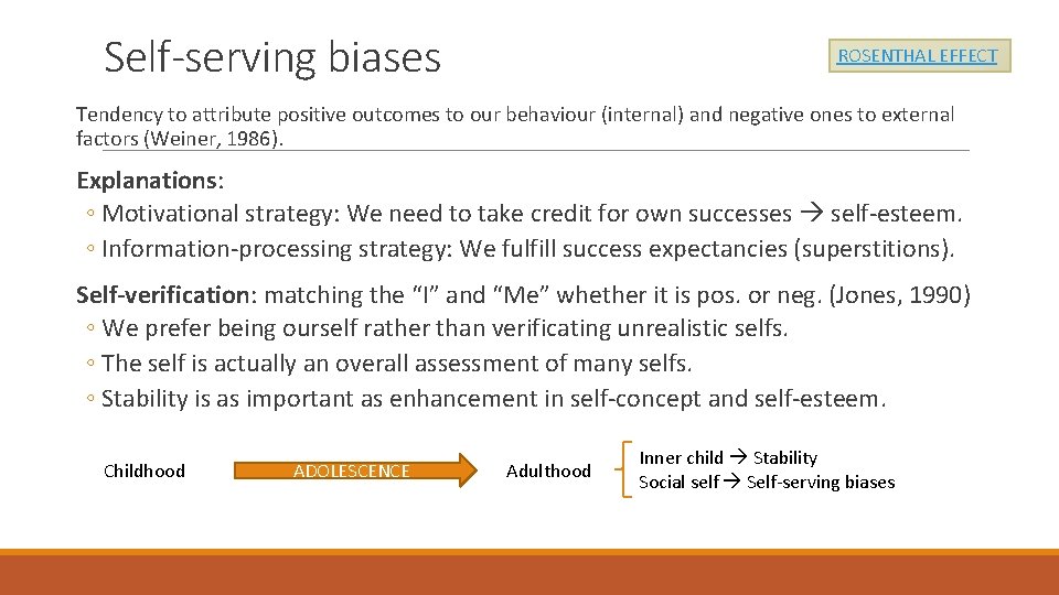 Self-serving biases ROSENTHAL EFFECT Tendency to attribute positive outcomes to our behaviour (internal) and