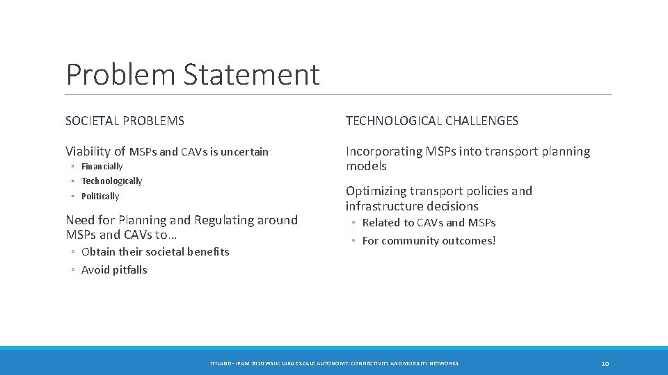 Problem Statement SOCIETAL PROBLEMS TECHNOLOGICAL CHALLENGES Viability of MSPs and CAVs is uncertain Incorporating Problem Statement SOCIETAL PROBLEMS TECHNOLOGICAL CHALLENGES Viability of MSPs and CAVs is uncertain Incorporating