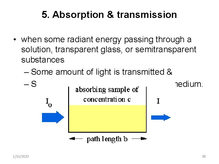 5. Absorption & transmission • when some radiant energy passing through a solution, transparent