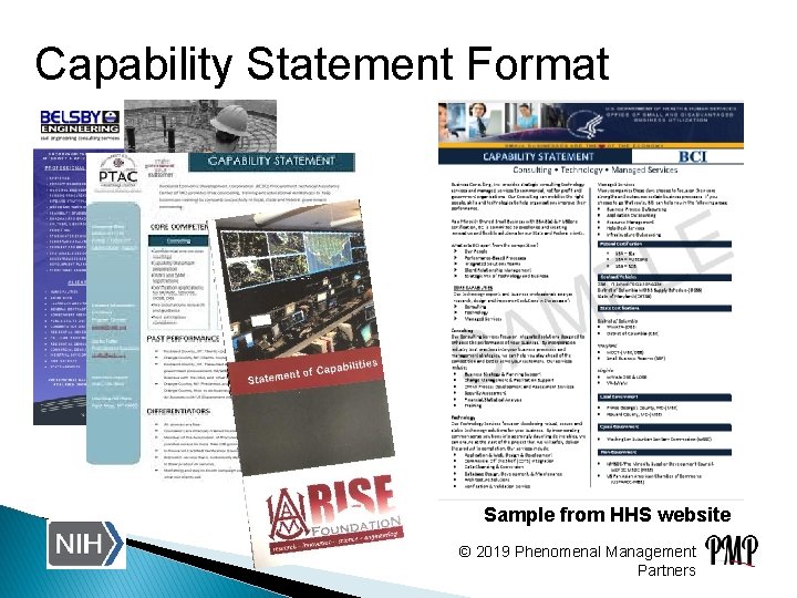 Capability Statement Format Sample from HHS website © 2019 Phenomenal Management Partners 
