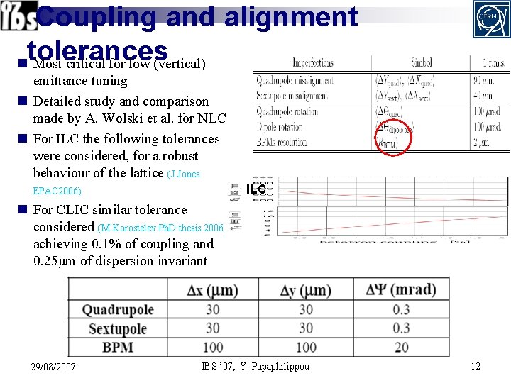 Coupling and alignment tolerances n Most critical for low (vertical) emittance tuning n Detailed