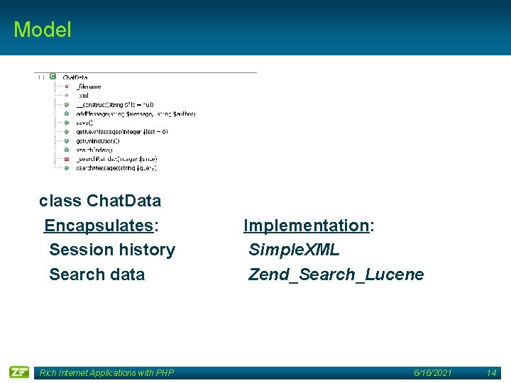 Model class Chat. Data Encapsulates: Session history Search data Rich Internet Applications with PHP