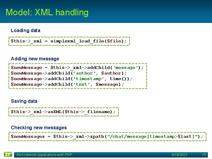 Model: XML handling Loading data $this->_xml = simplexml_load_file($file); Adding new message $new. Message =