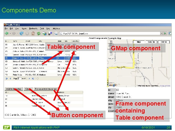 Components Demo Table component Button component Rich Internet Applications with PHP GMap component Frame
