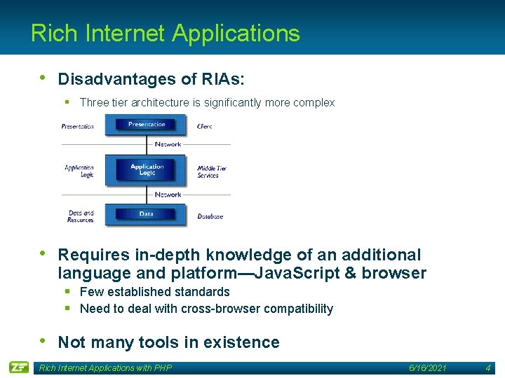 Rich Internet Applications • Disadvantages of RIAs: § Three tier architecture is significantly more