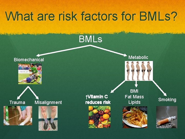 What are risk factors for BMLs? BMLs Metabolic Biomechanical Trauma Misalignment ↑Vitamin C reduces