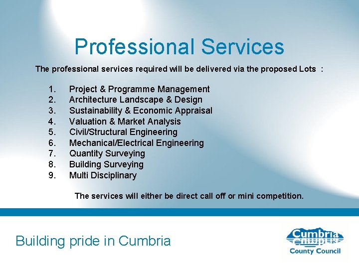 Professional Services The professional services required will be delivered via the proposed Lots :
