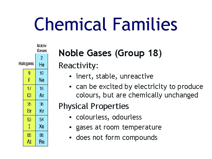 Chemical Families Noble Gases (Group 18) Reactivity: • inert, stable, unreactive • can be