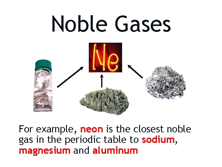 Noble Gases For example, neon is the closest noble gas in the periodic table