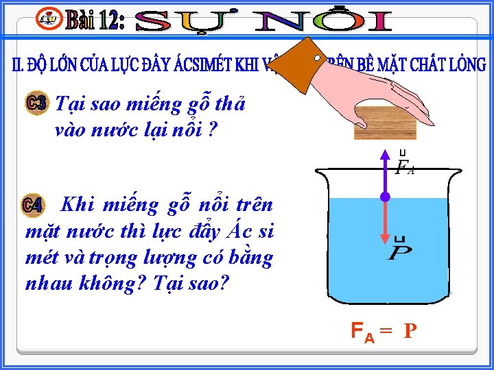 Tại sao miếng gỗ thả vào nước lại nổi ? Khi miếng gỗ nổi