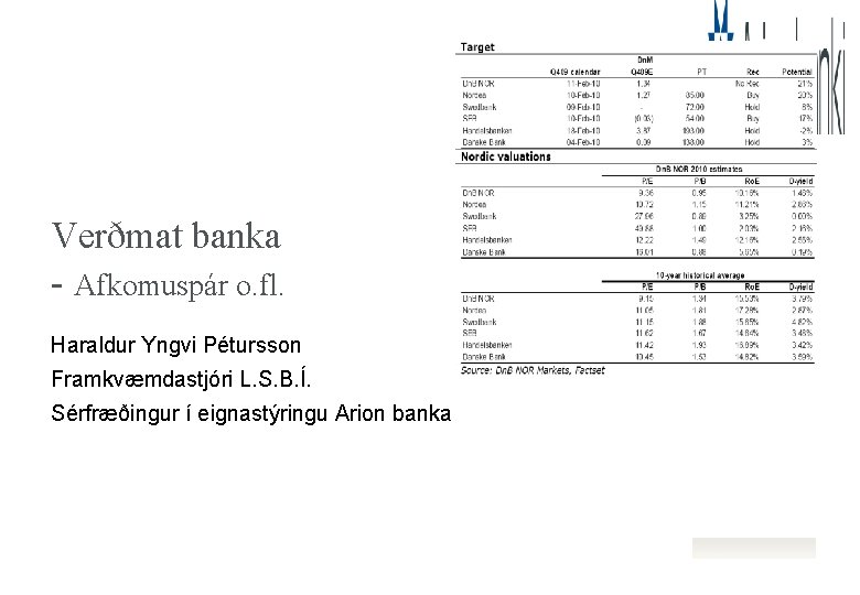 Verðmat banka - Afkomuspár o. fl. Haraldur Yngvi Pétursson Framkvæmdastjóri L. S. B. Í.