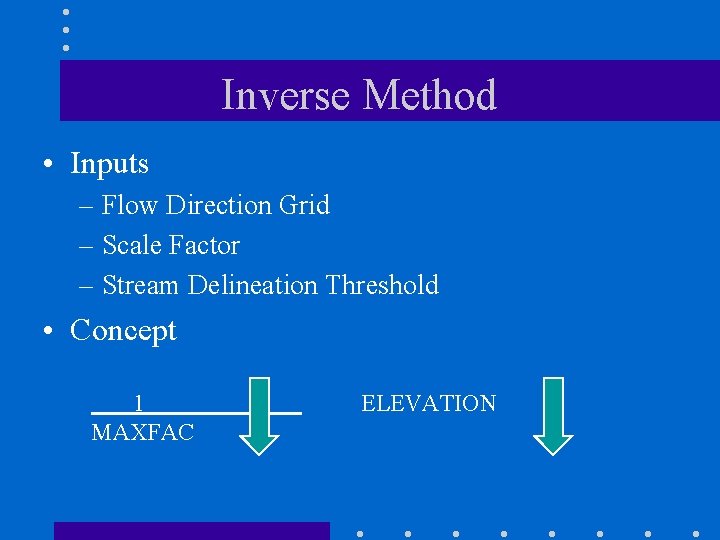 Inverse Method • Inputs – Flow Direction Grid – Scale Factor – Stream Delineation