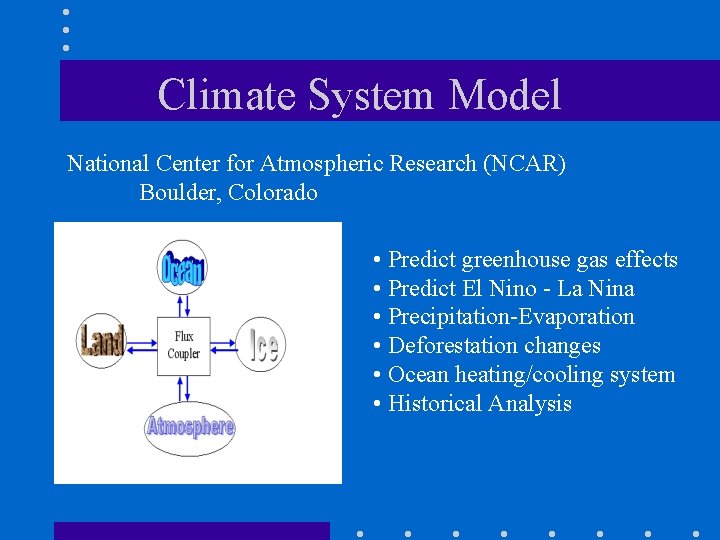 Climate System Model National Center for Atmospheric Research (NCAR) Boulder, Colorado • Predict greenhouse