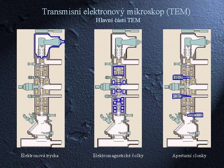 Transmisní elektronový mikroskop (TEM) Hlavní části TEM Elektronová tryska Elektromagnetické čočky Aperturní clonky 