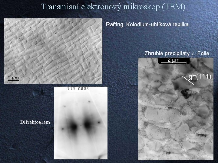 Transmisní elektronový mikroskop (TEM) Rafting. Kolodium-uhlíková replika. Zhrublé precipitáty ‘. Folie. Difraktogram 