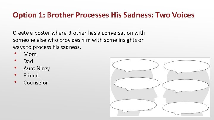 Option 1: Brother Processes His Sadness: Two Voices Create a poster where Brother has