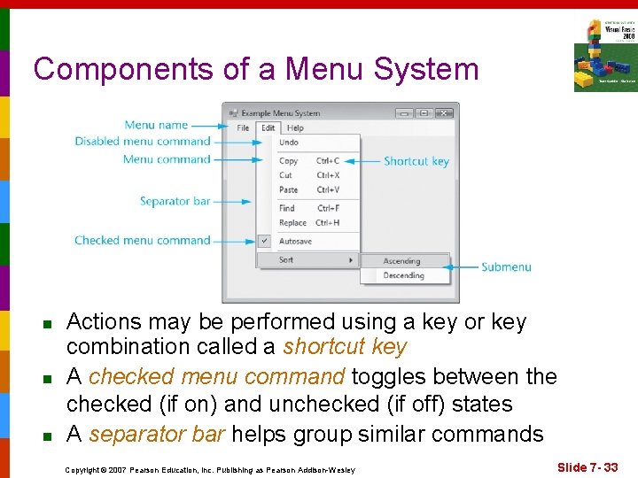 Components of a Menu System n n n Actions may be performed using a