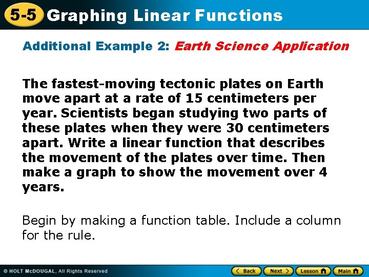 5 -5 Graphing Linear Functions Additional Example 2: Earth Science Application The fastest-moving tectonic