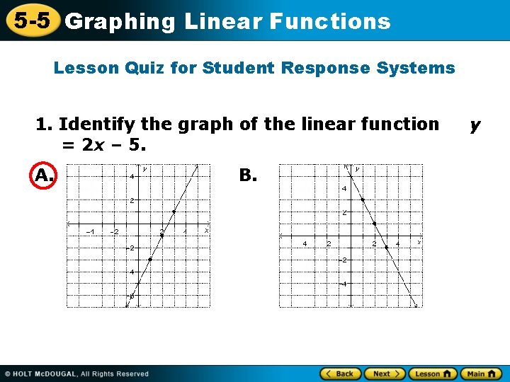 5 -5 Graphing Linear Functions Lesson Quiz for Student Response Systems 1. Identify the
