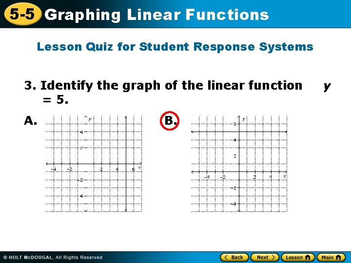 5 -5 Graphing Linear Functions Lesson Quiz for Student Response Systems 3. Identify the