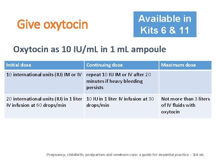 Give oxytocin Available in Kits 6 & 11 Oxytocin as 10 IU/m. L in