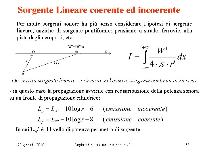 Sorgente Lineare coerente ed incoerente Per molte sorgenti sonore ha più senso considerare l’ipotesi